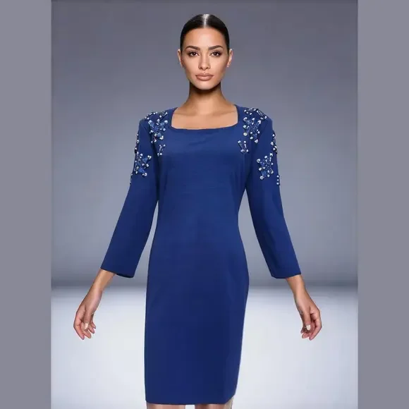 90s OUTLANDER ROYAL BLUE KNIT BODYCON MIDI DRESS & BLUE GEM & PEARL ACCENTS SZ M - Picture 1 of 7